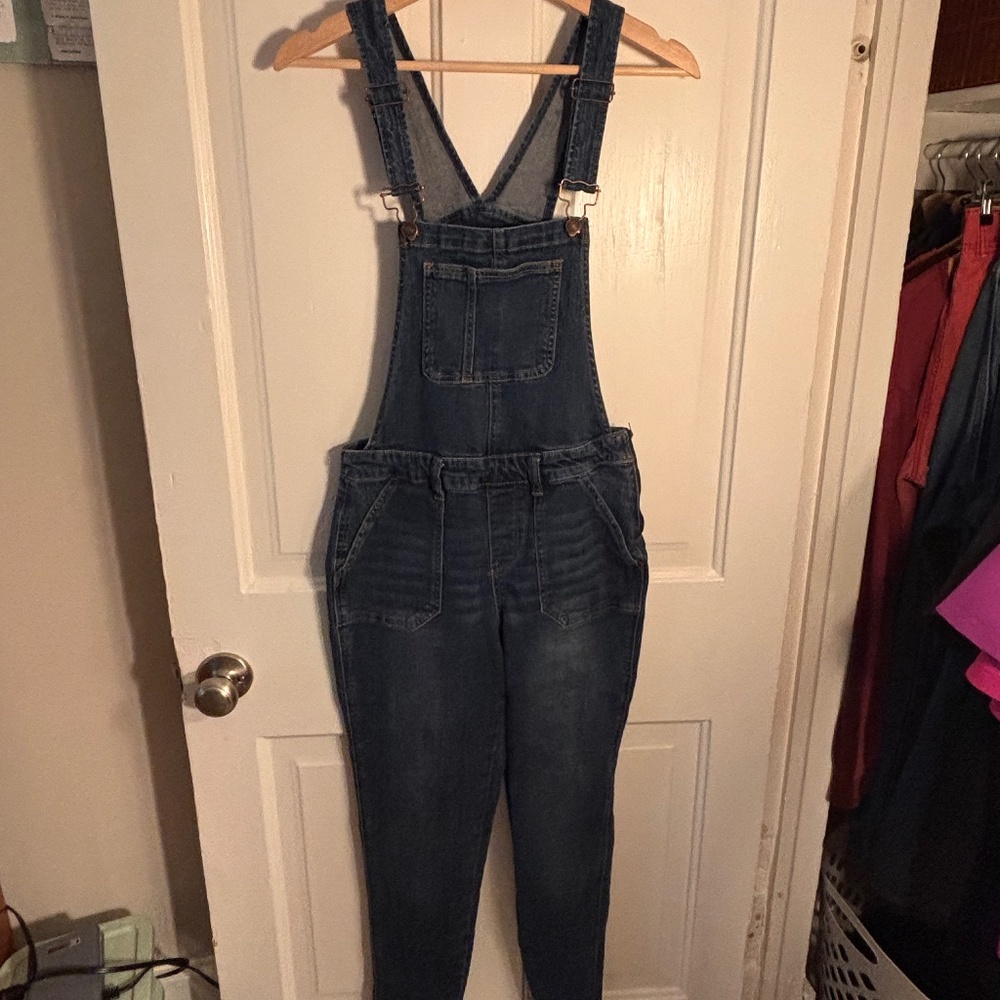 Dark Wash Slim Fit Denim Overalls - Adjustable Straps - Size 7-9
